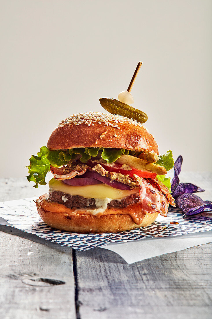 Bacon,asparagus,onion and mustard hamburger