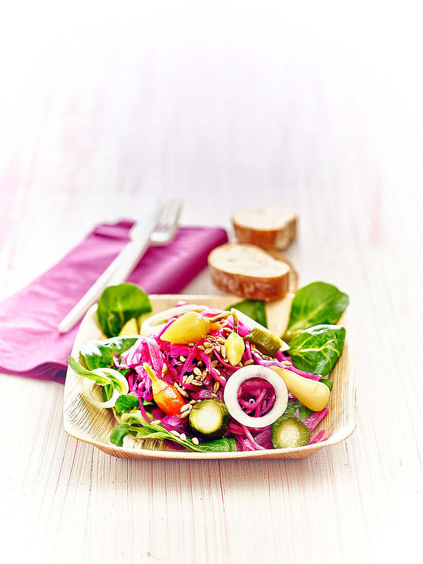 Rotkrautsalat mit Zwiebeln, kleinen Pfefferschoten, Gürkchen, Feldsalat und Leinsamen