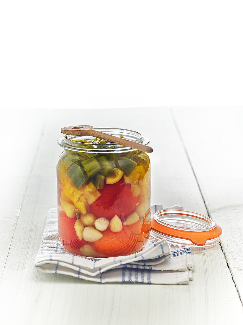 Jar Of Tomatoes,Garlic,Peppers And Small Peppers For Lacto-Fermentation