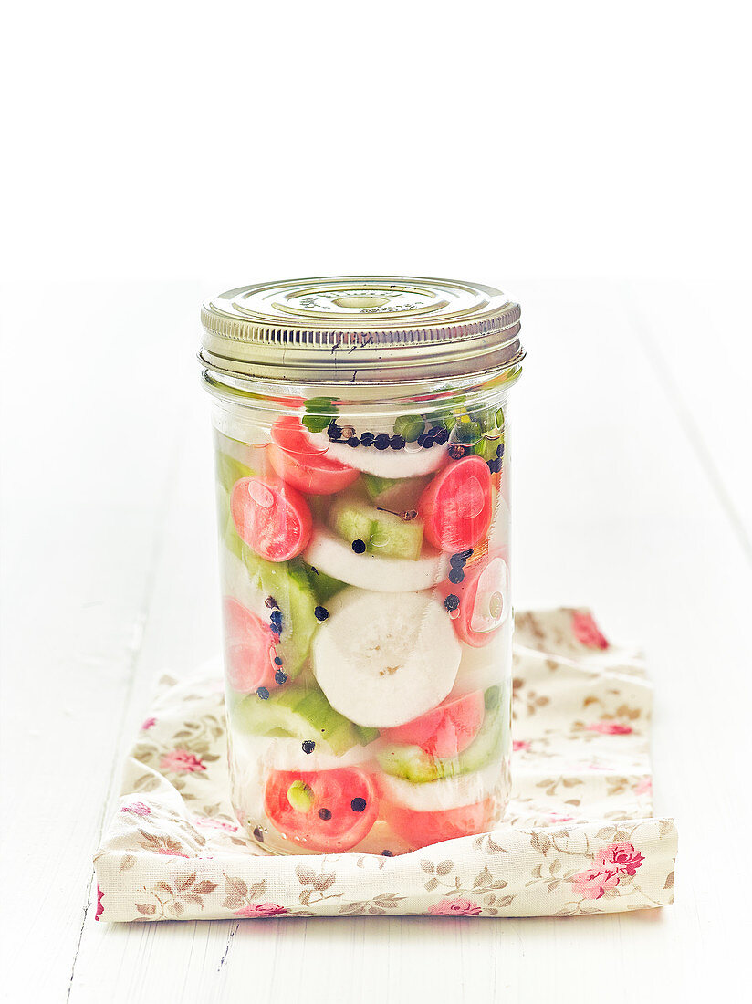 Jar Of Daikon,Chives,Pink Radish,Cucumber And Black Pepper For Lacto-Fermentation