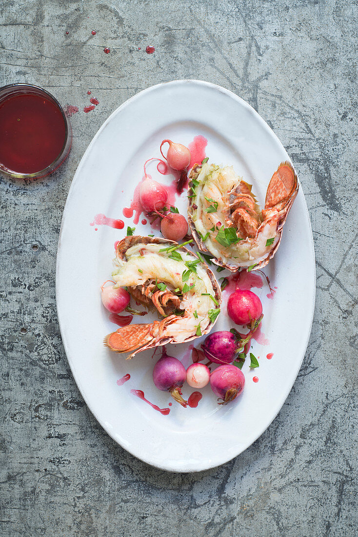 Lobster with parsley,radishes,turnips and redcurrant juice