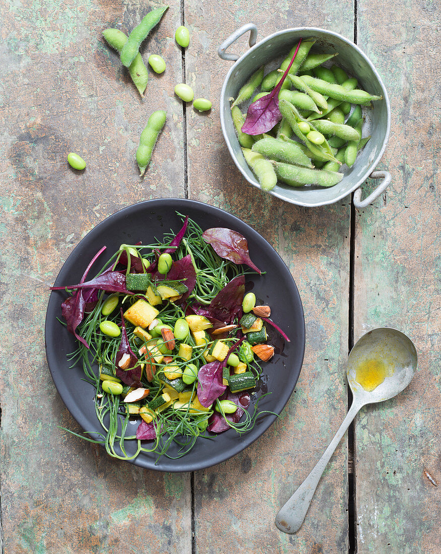 Edadame bean,seaweed,courgette and almond salad