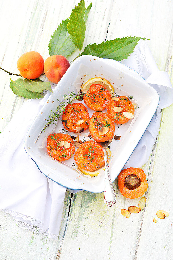 Roasted apricots with thyme,grilled almonds and lemon