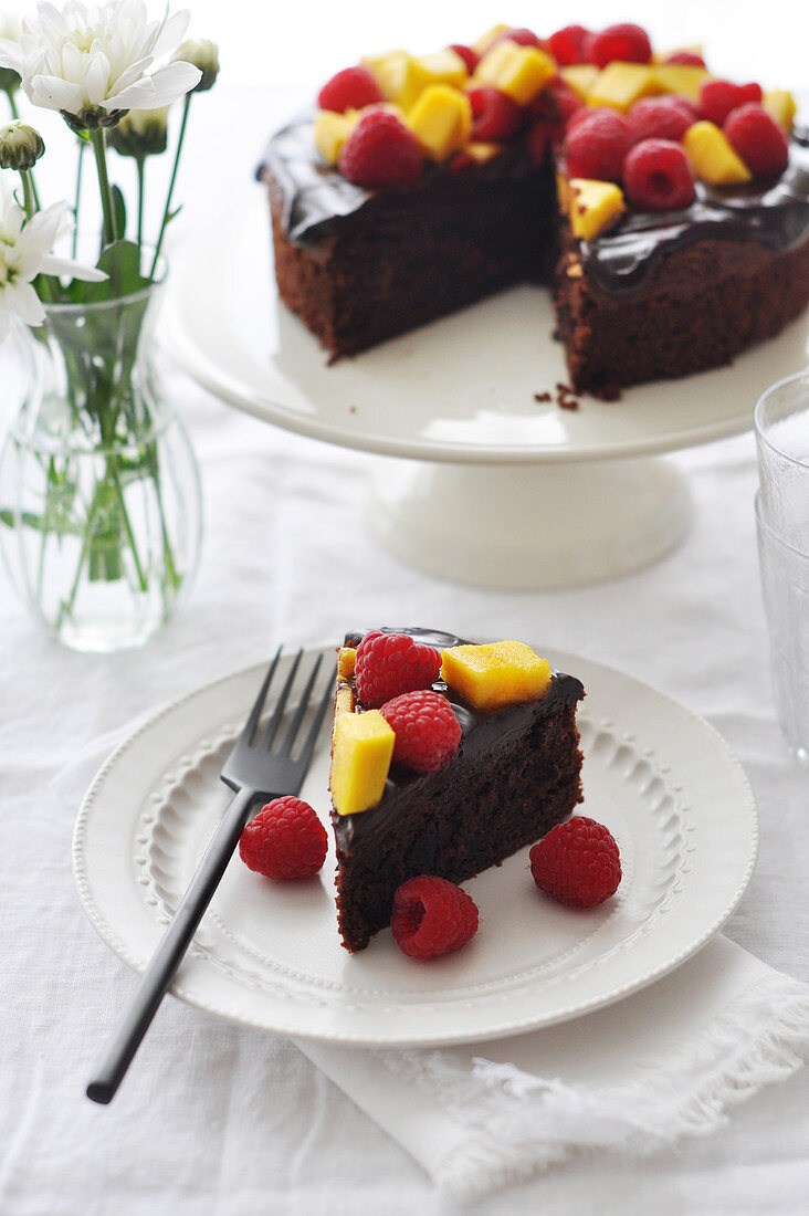 Chocolate cake decorated with fresh fruit