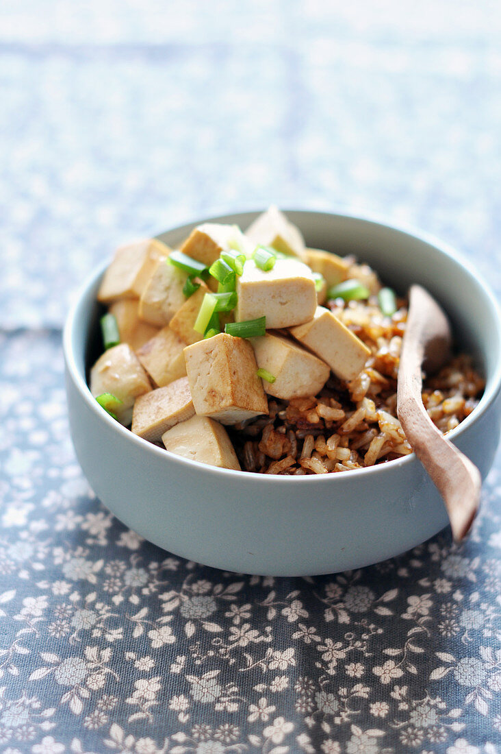 Brown rice sauteed with tofu and chives