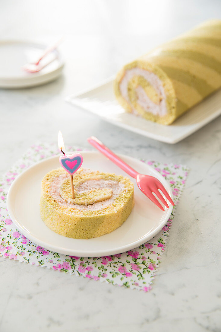 Matcha-Strawberry Cake With A Candle