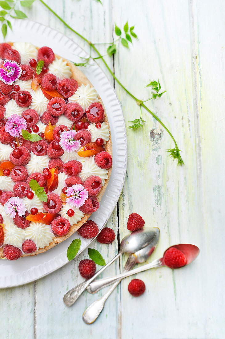 Raspberry,Apricot,Redcurrant,Flower And Cream Cake
