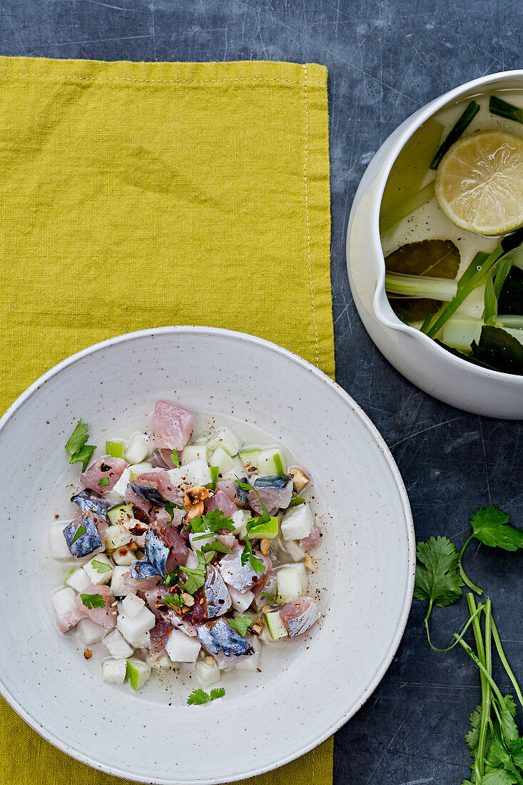 Raw mackerel,black radish,green apple and grilled hazelnut salad