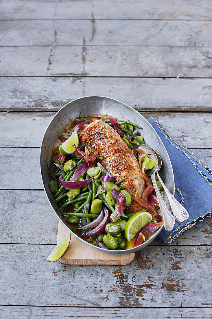 Roasted pork Filet mignon,pan-fried green beans,broad beans and red onions with lime