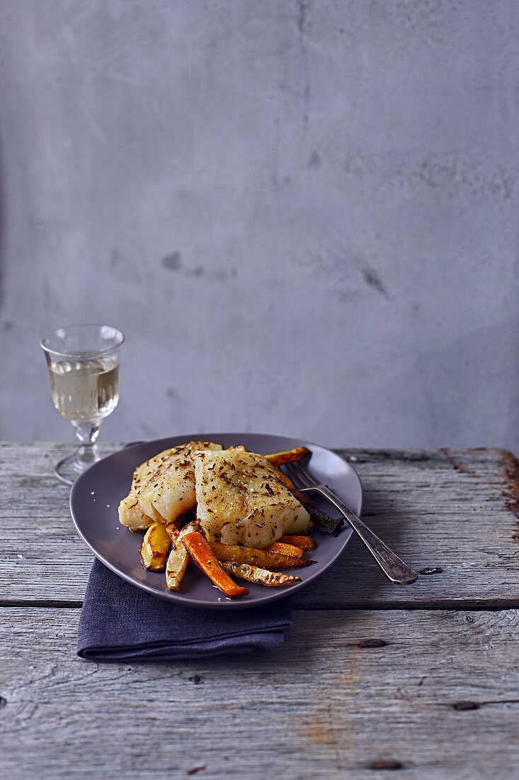 Pan-fried cod with herbs,tender yellow and orange carrots