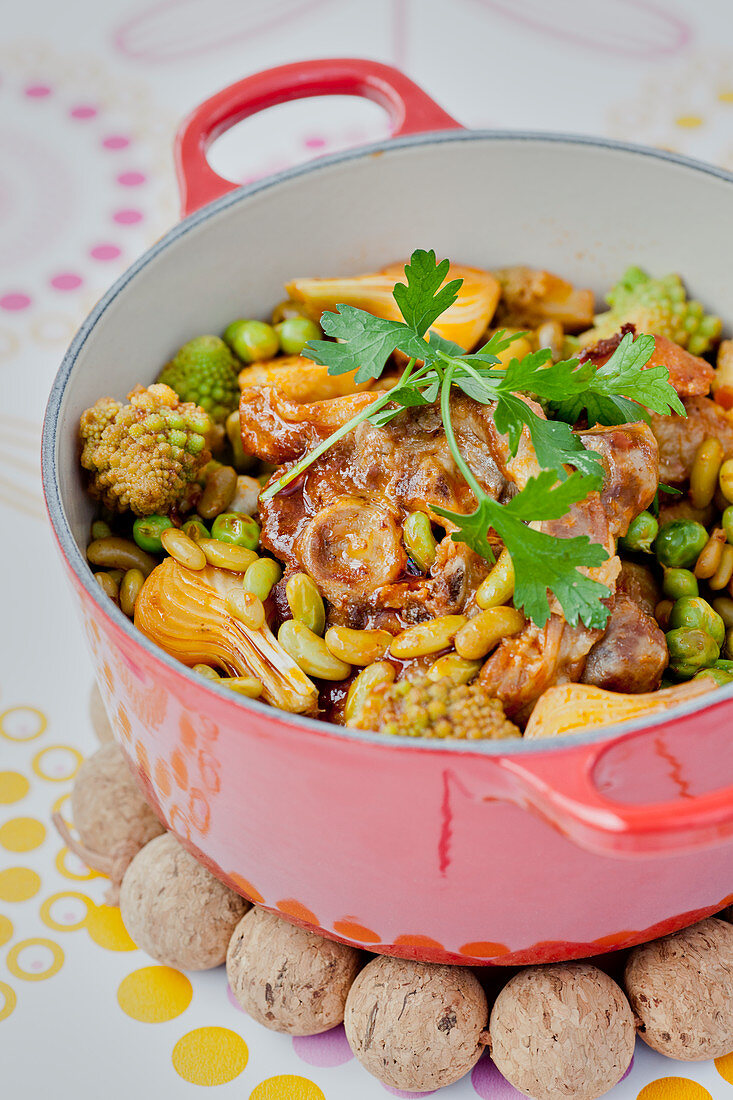 Lammragout mit Frühlingszwiebeln, Romanesco, Flageolet-Bohnen und Erbsen