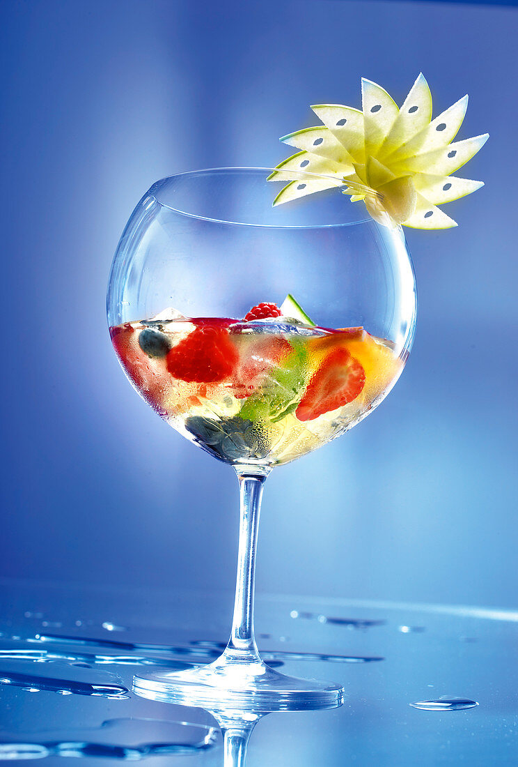 Cocktail mit Côtes de Bergerac-Weißwein, Ingwerbier und frischen Früchten