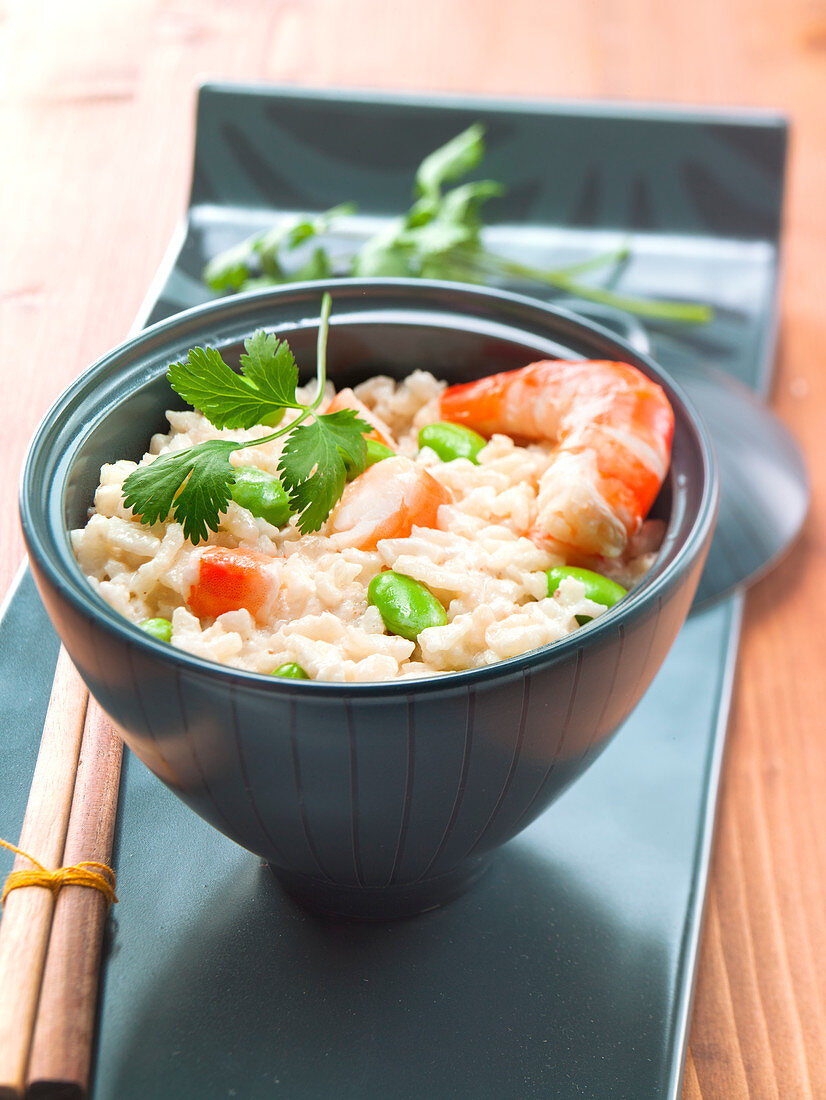 Asian-style shrimp and green vegetable risotto