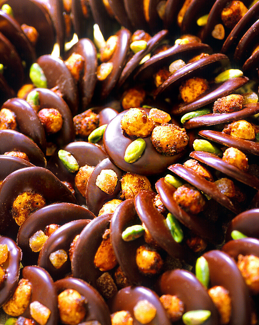 Spiralförmig angerichtete Mendiants (Schokoladentaler, Frankreich)