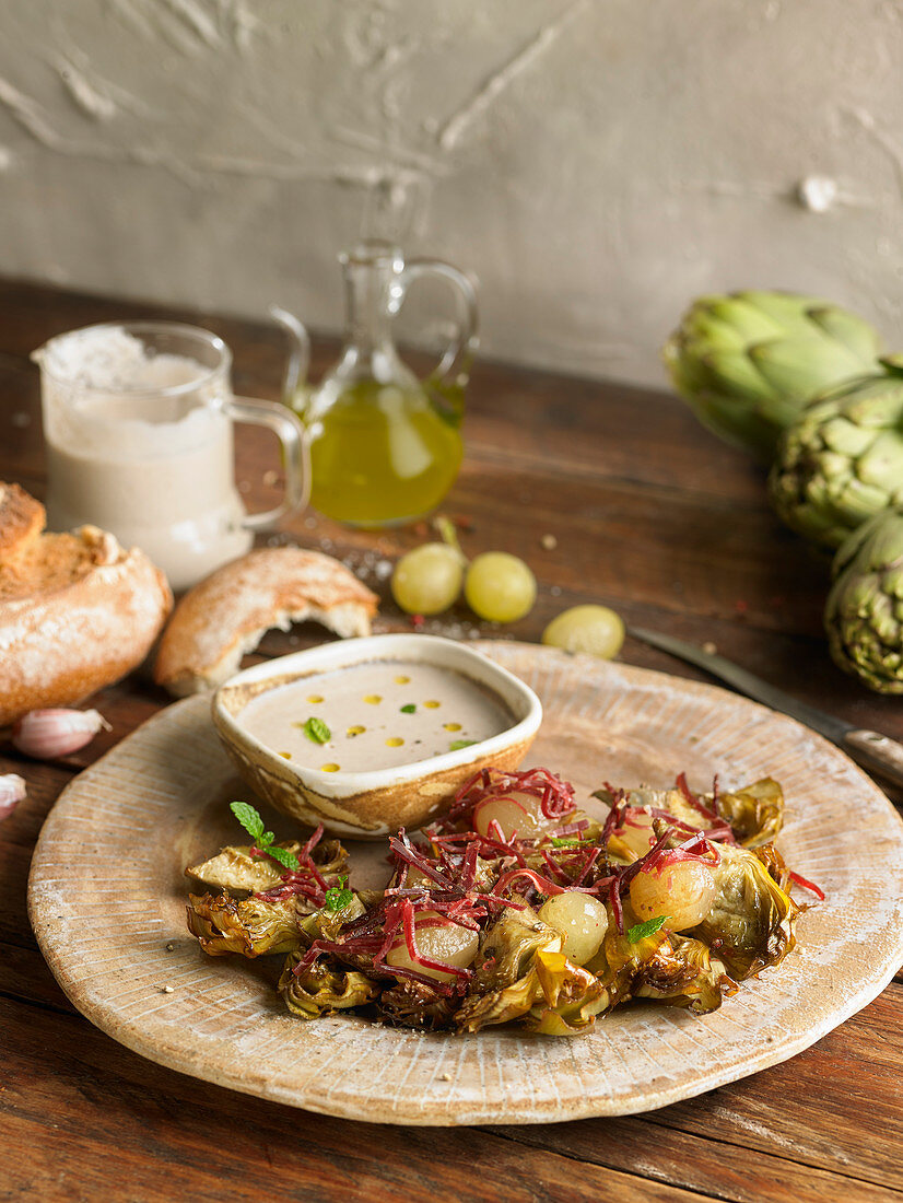 Fried Artichokes With White Grapes And Raw Ham,Ajo Blanco Sauce
