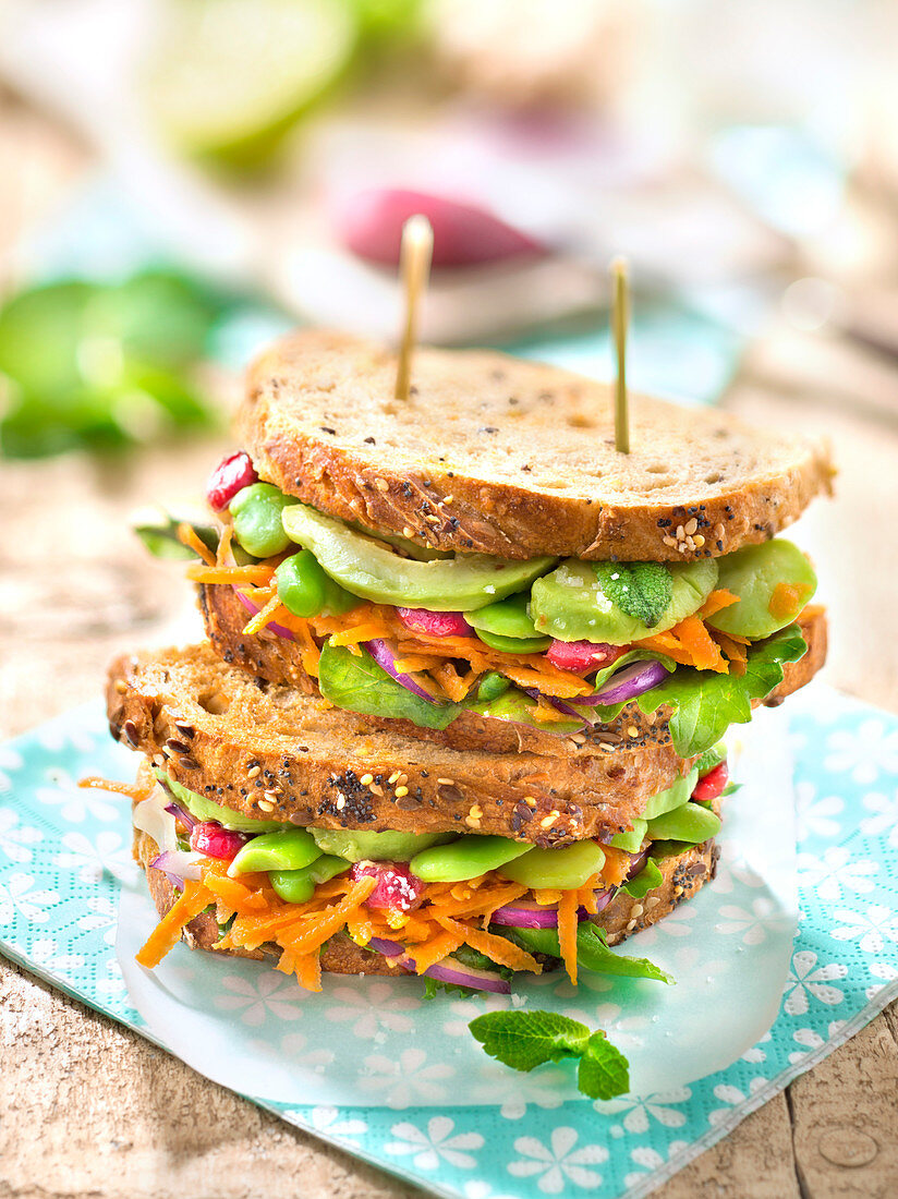 Broad Bean,Grated Carrot,Avocado And Red Onion Toasted Cereal Bread Vegan Sandwich