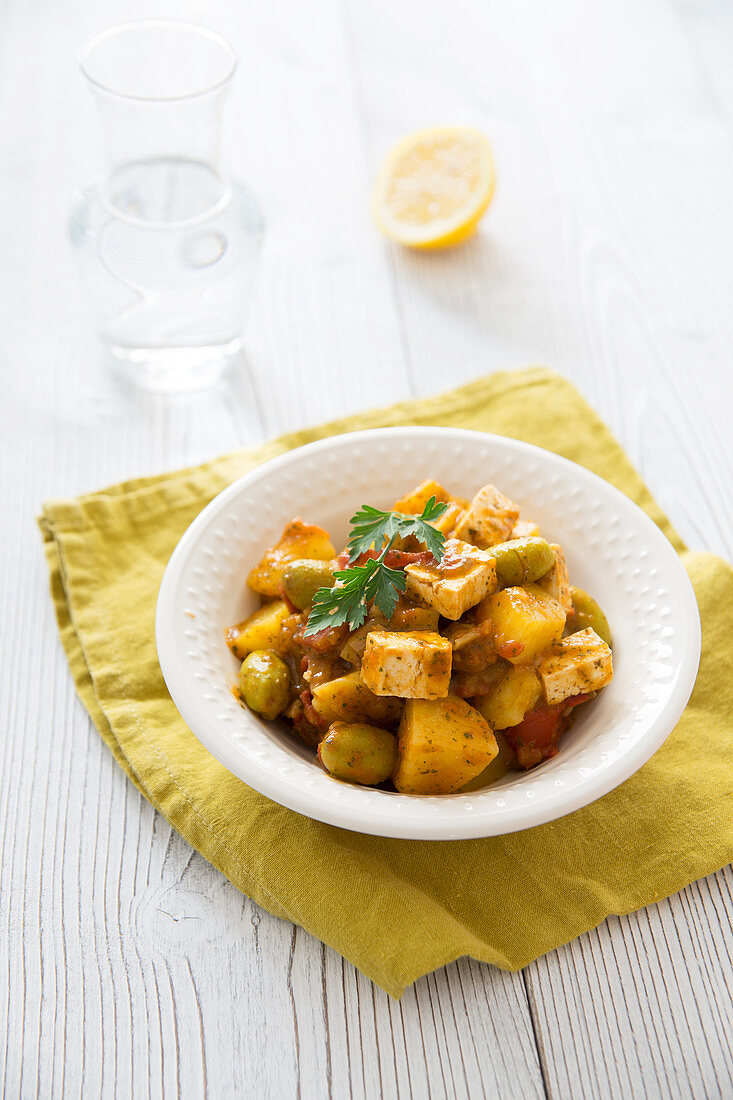 Kartoffeln mit Tofu, grünen Oliven und Chermoula