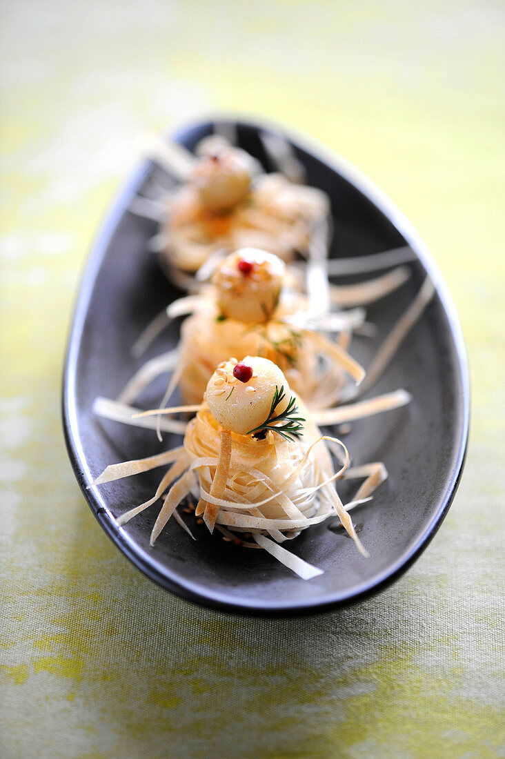 Small Crisp Filo Pastry Nests With Petoncle Scallops,Sesame Seeds And Pink Peppercorns