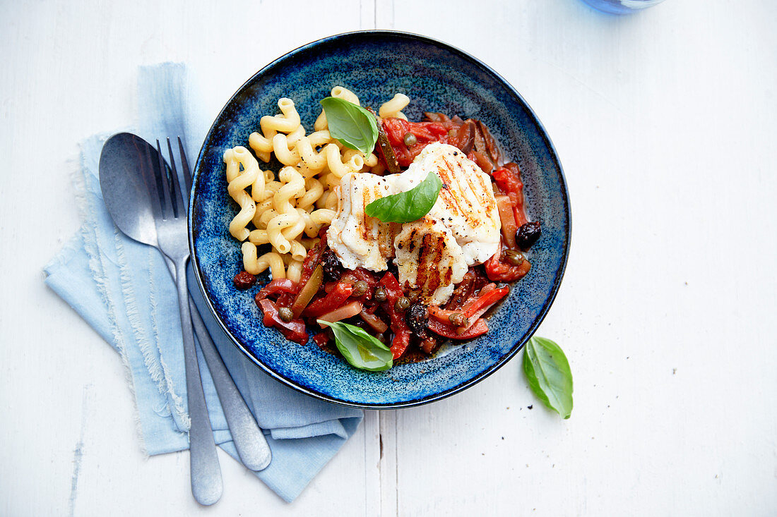 Grilled monkfish Provençal style with pasta