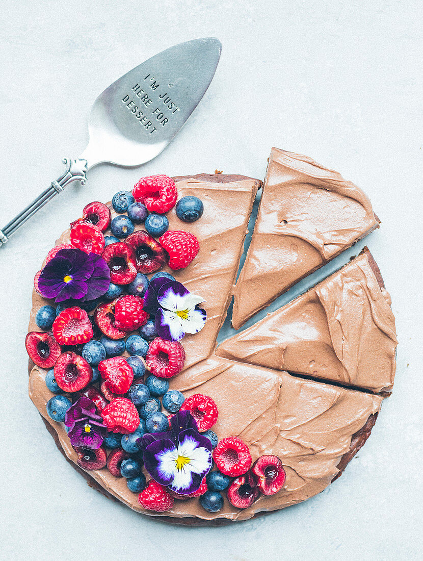 Slices of chocolate,fruit and flower brownies