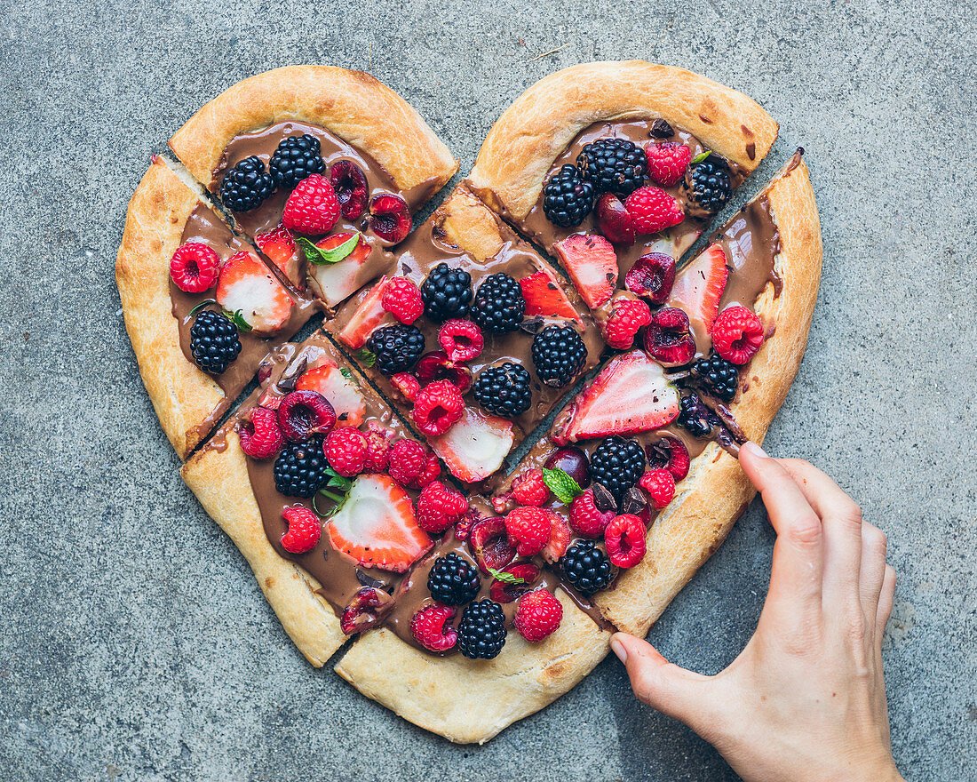 Chocolate and summer fruit heart-shaped pizza
