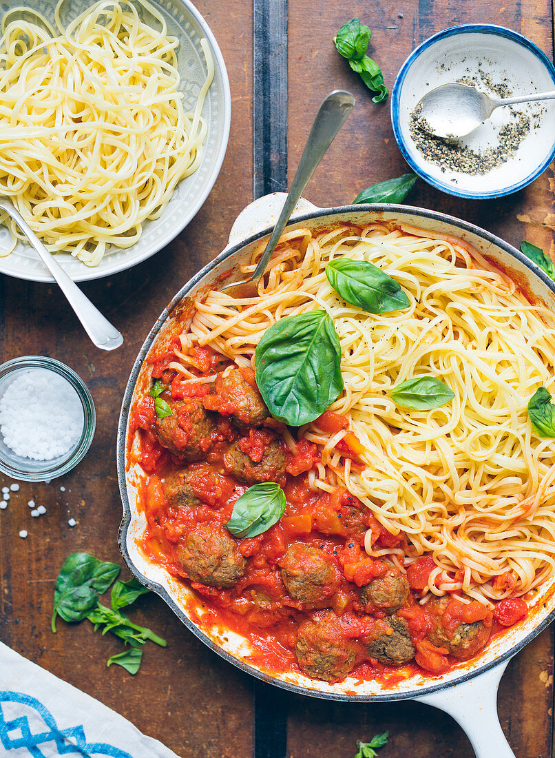 Vegetarian meatball spaghetti in tomato sauce