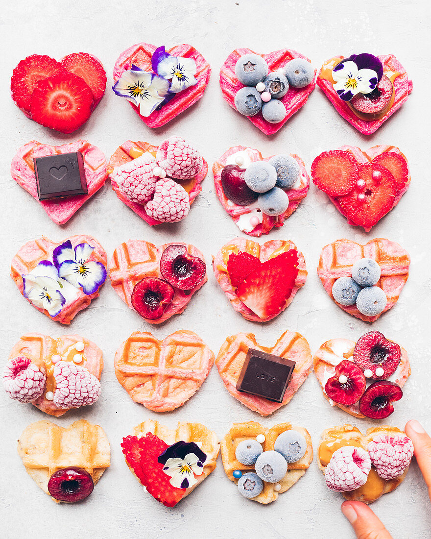 Summer fruit,flower and chocolate heart-shaped waffles