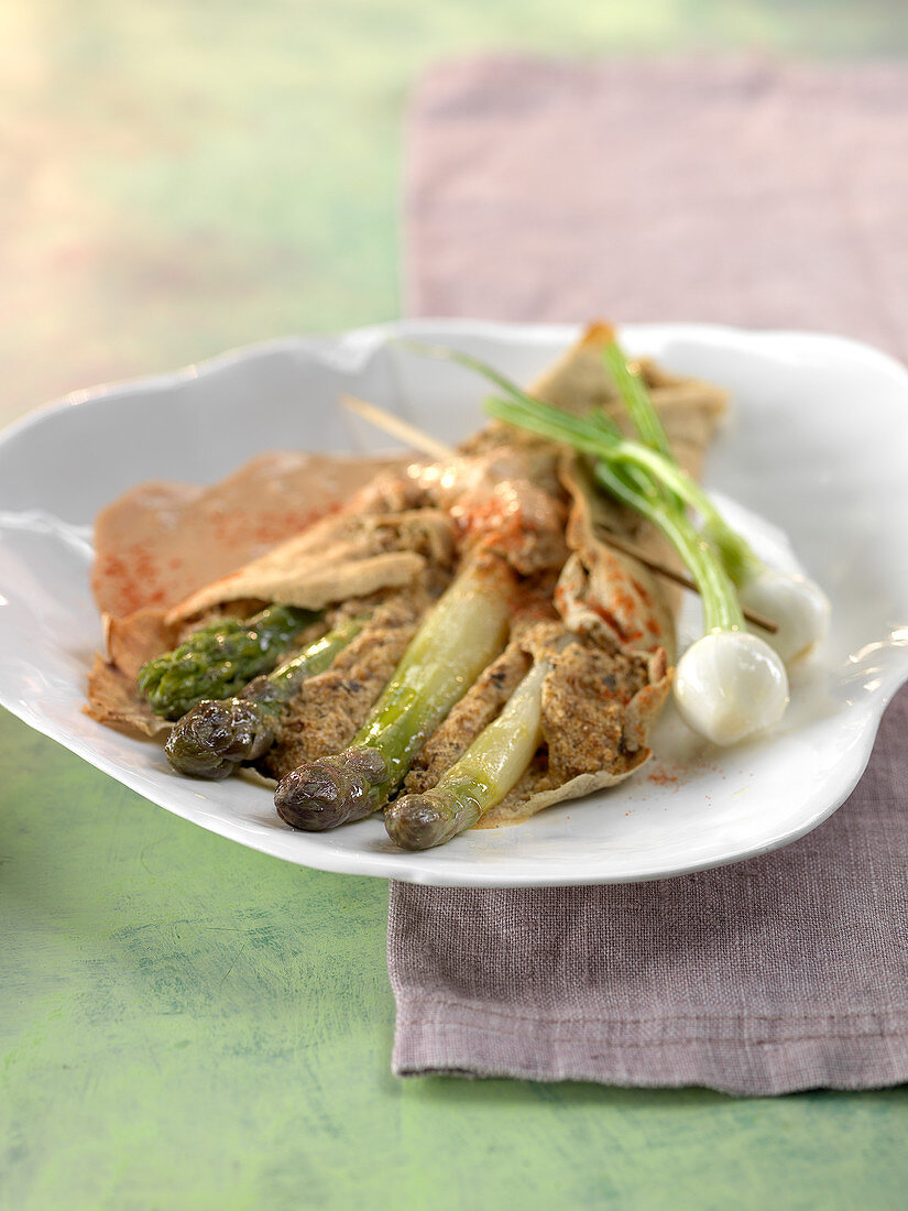 Buckwheat galette with asparagus and mushrooms,paprika sauce
