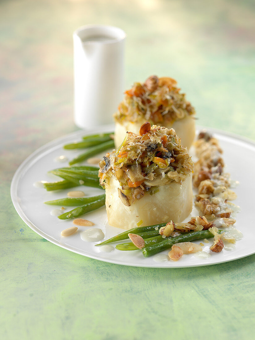 Farmer's stuffed celeriac,green beans with dried fruit and Roquefort sauce