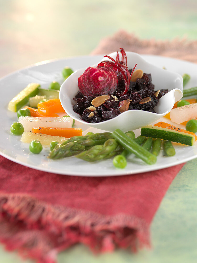 Beetroot stewed with honey and thinly sliced almonds,mixed spring vegetables