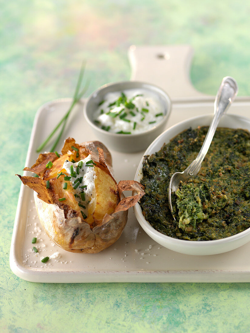 Swiss chard,herb and spinach gratin,baked potatoes with chive cream