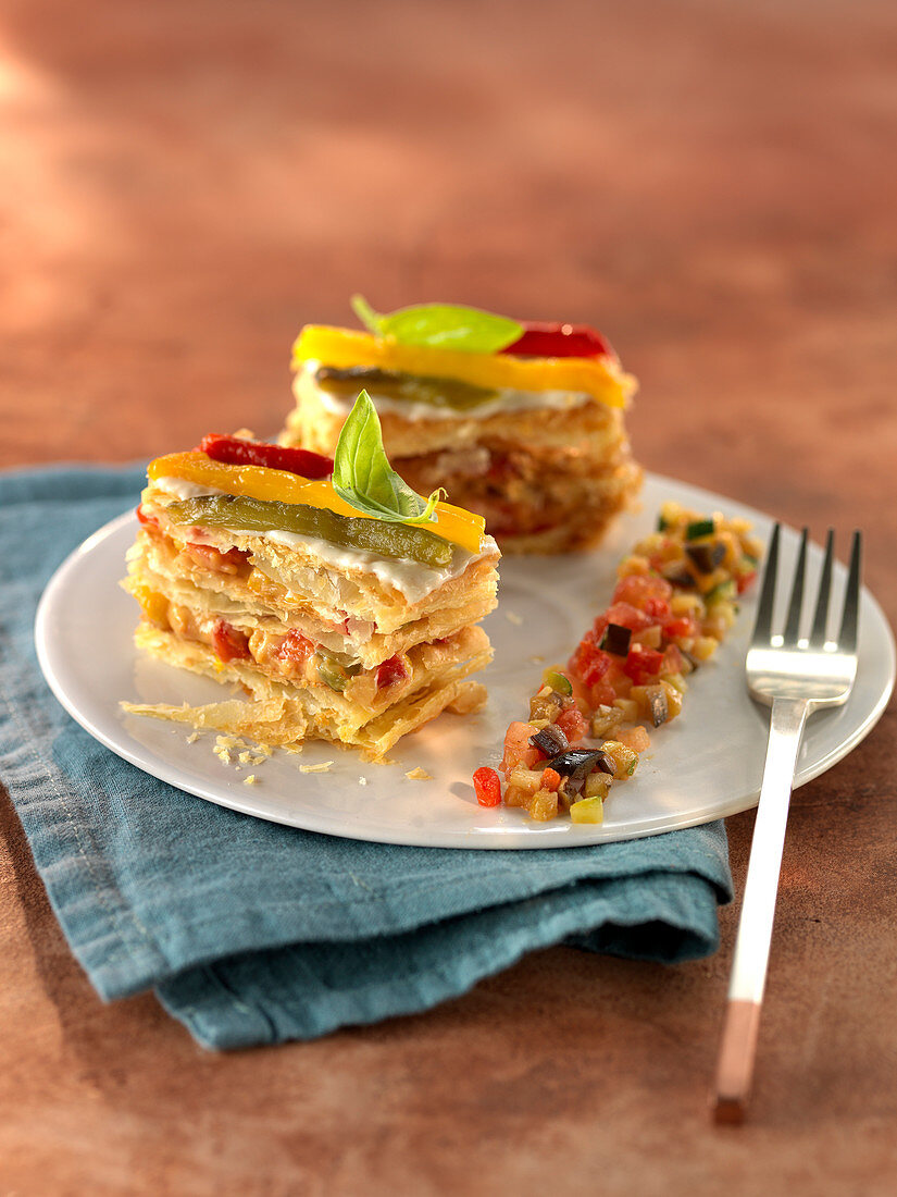 Pepper Mille-feuille and diced ratatouille with basil
