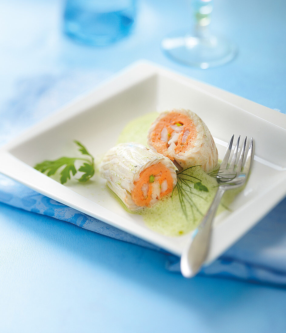 Shrimp and tomato mousse fish rolls ,herb emulsions