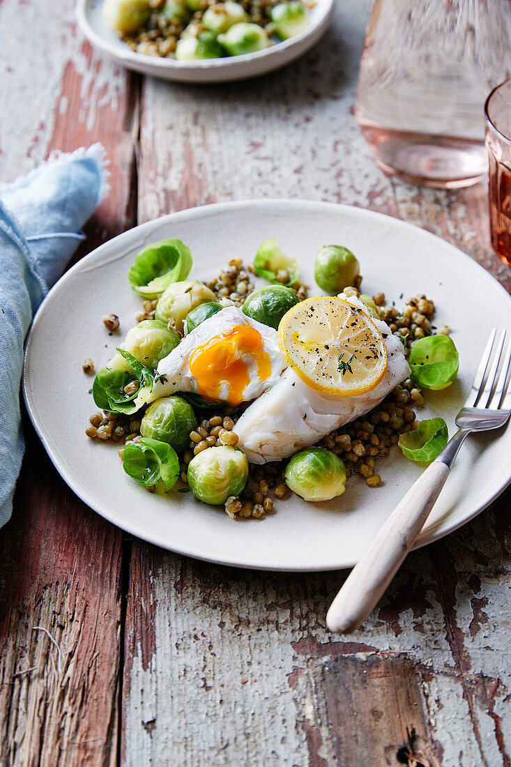 Kabeljaufilet mit pochiertem Ei, Rosenkohl und grünen Linsen