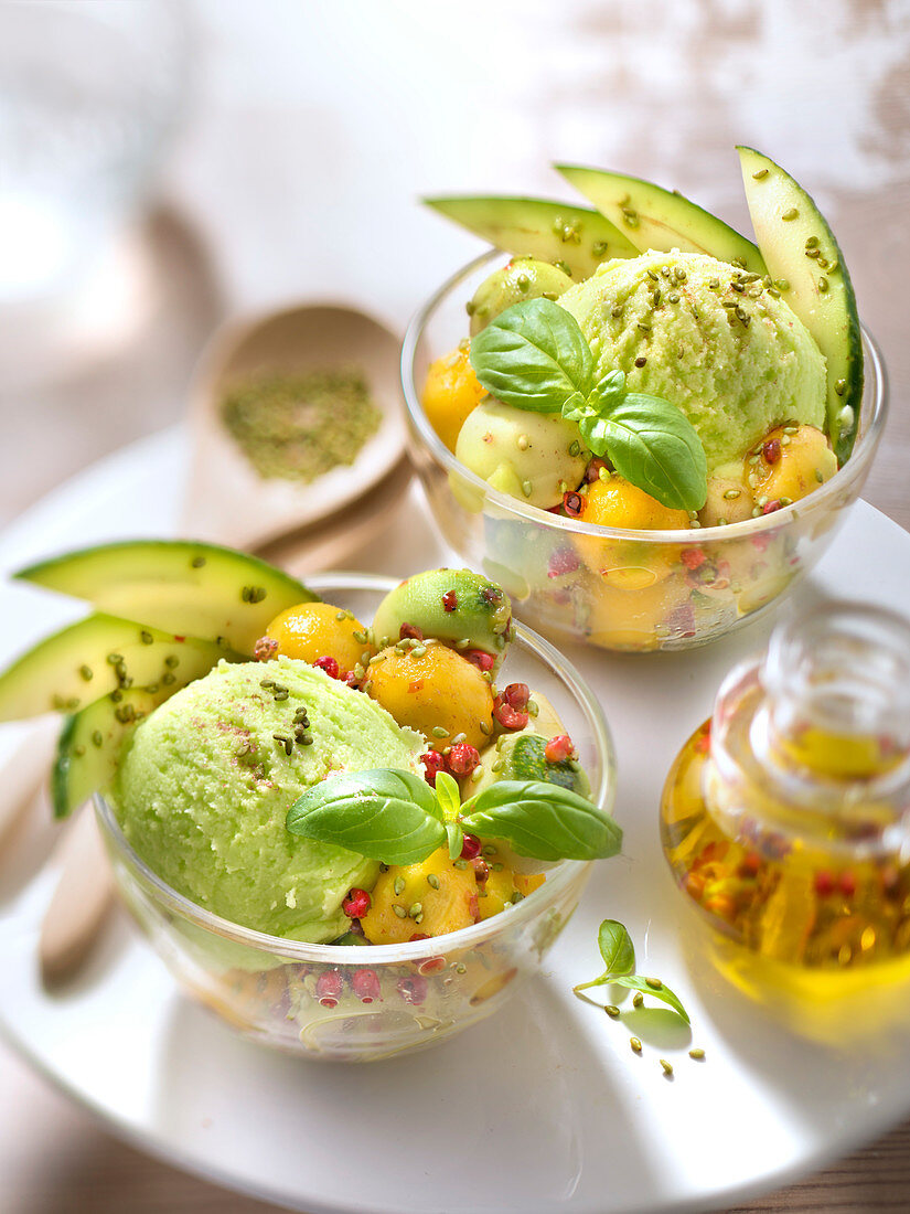 Avocado-mango exotic salad,avocado ice cream,sesame with wasabi,pink peppercorns and basil
