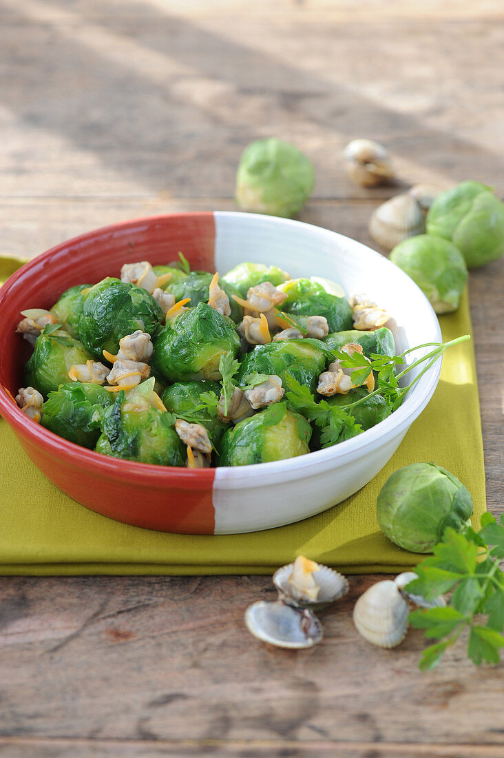 Pan-fried Brussels sprouts and cockles