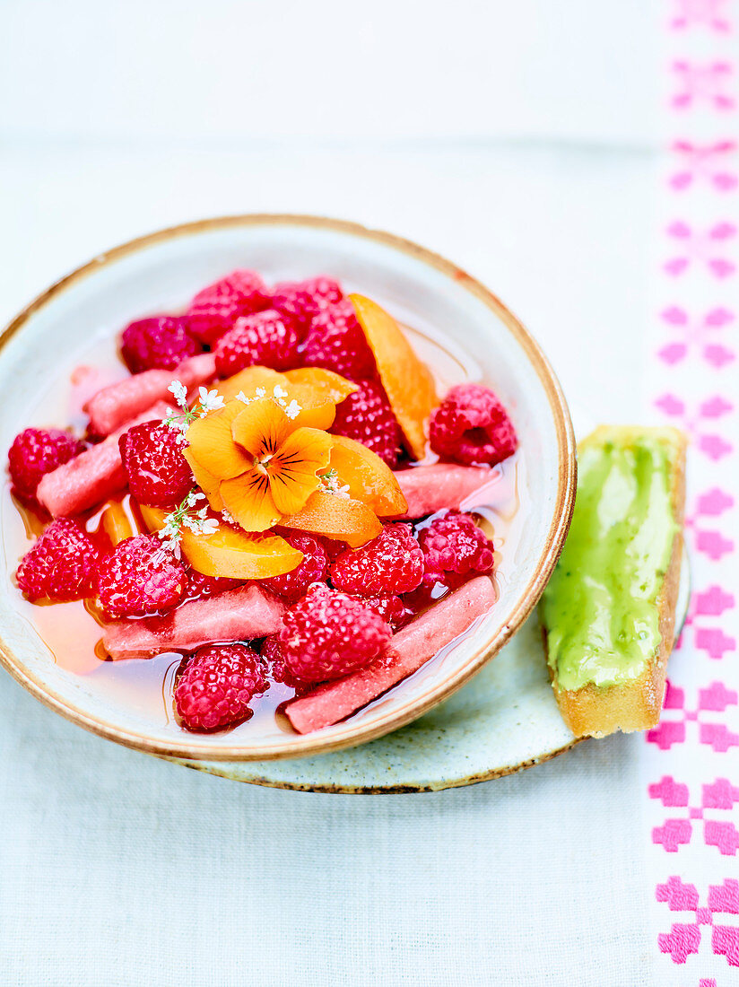 Summer fruit salad with pistachio biscuit