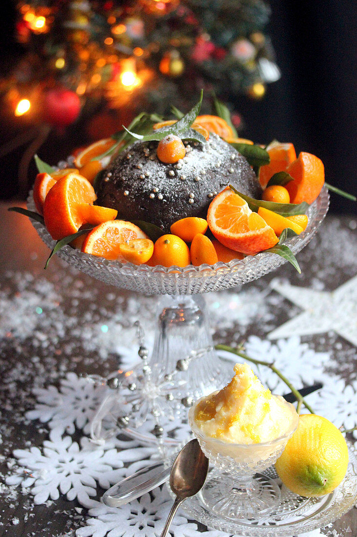 Christmas pudding with kumquats and clementines,Brandy butter
