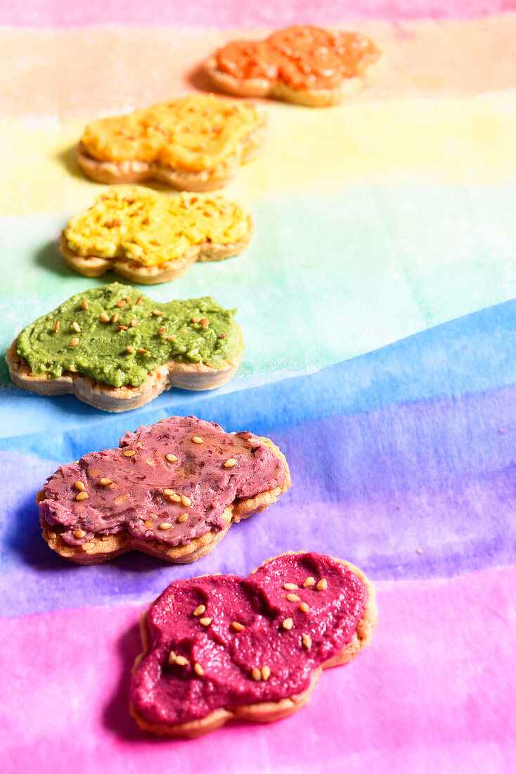 Hummus beetroot, red bean, orange lentil and spirulina, curry, carrot and pepper on cloud-shaped sesame biscuits