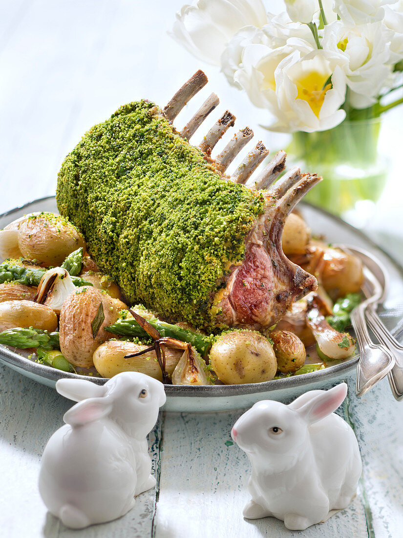 Lammkarree mit Kräuterkruste, Grenaillekartoffeln, Frühlingszwiebeln und grünem Spargel