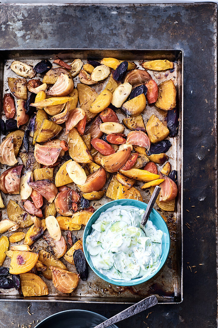 Roasted beetroot with carrots, cumin and raita (vegetarian)