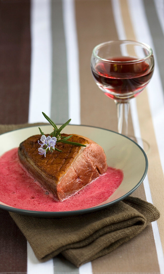 Pan-fried duck breast with cherry mousse