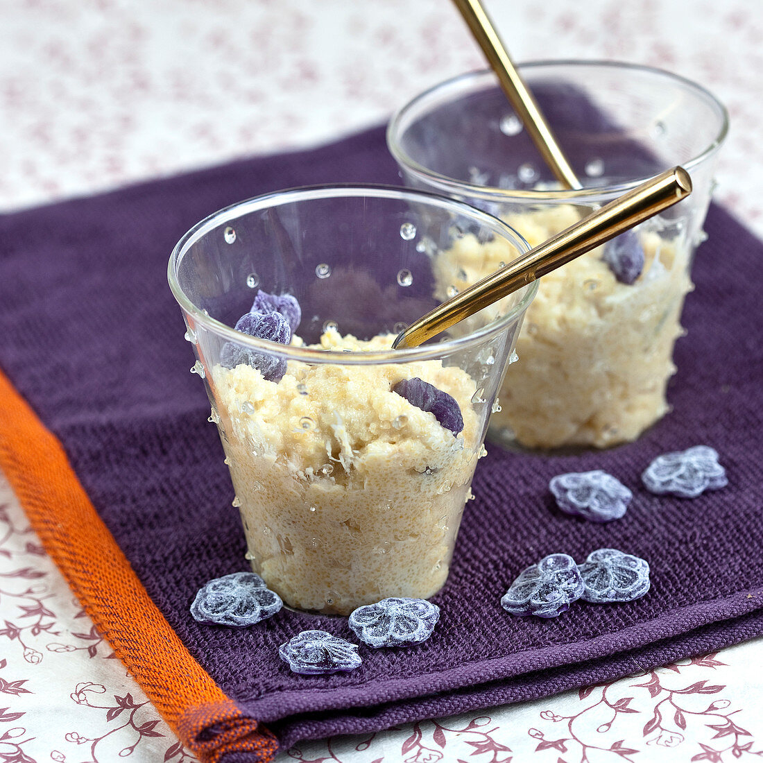 Glasses of semolina with violet sweets