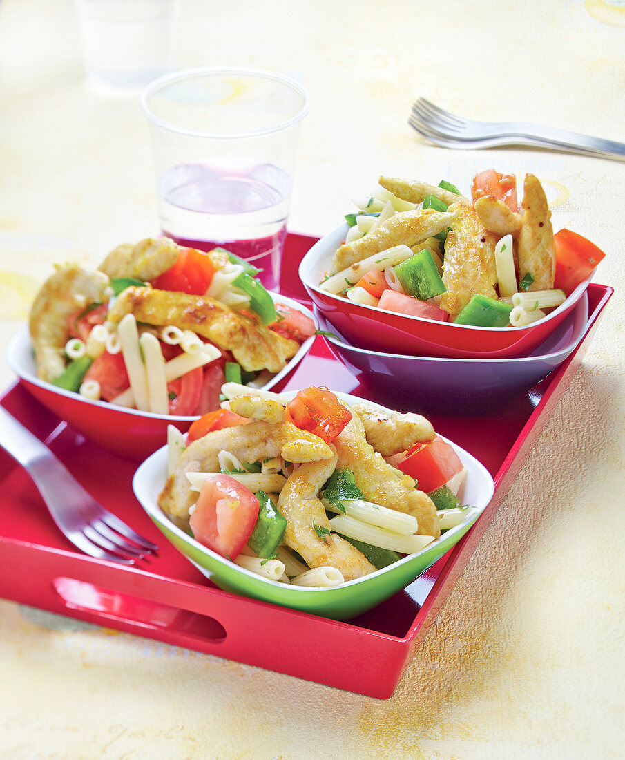 Penne,chicken,tomato and green pepper salad