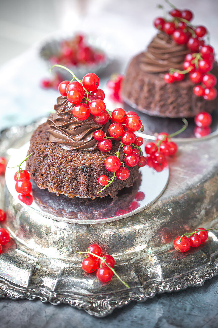 Mini double chocolate cakes with redcurrants