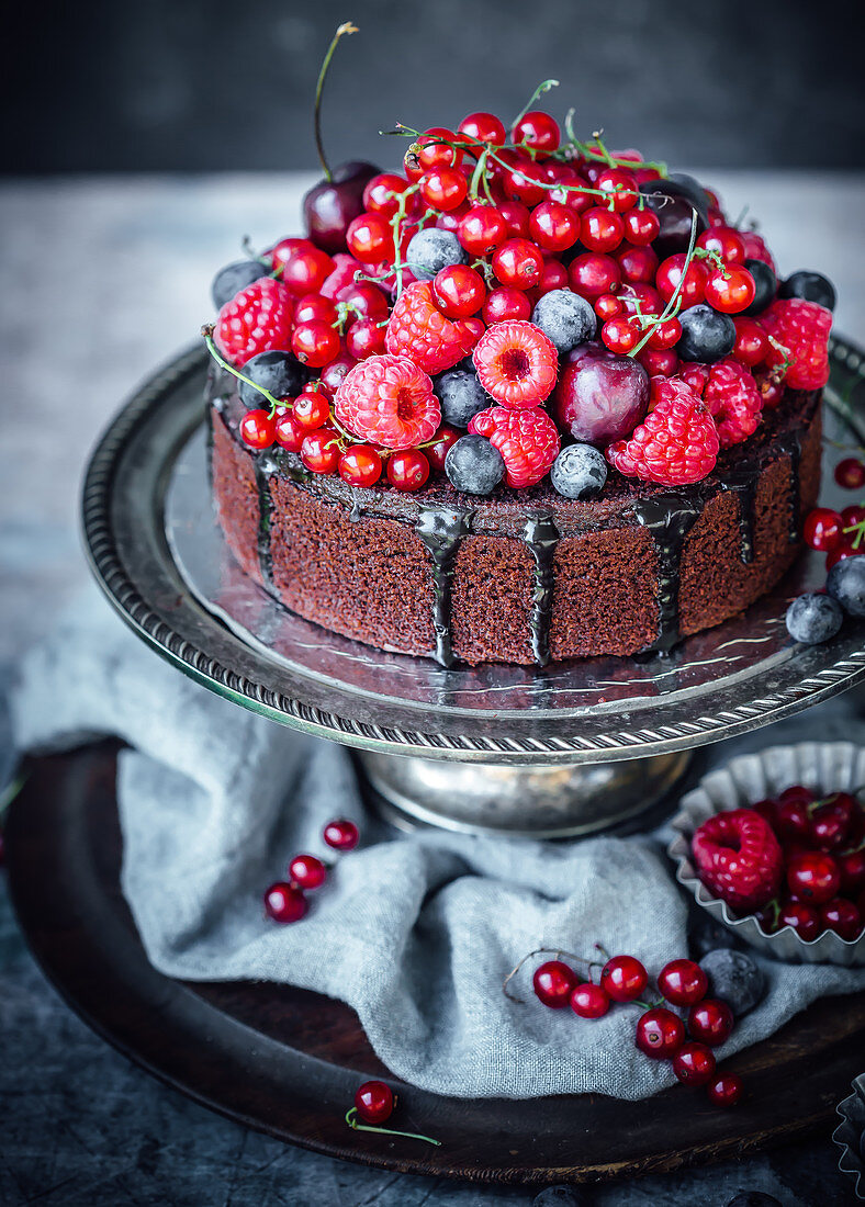 Chocolate olive oil cake with summer berries