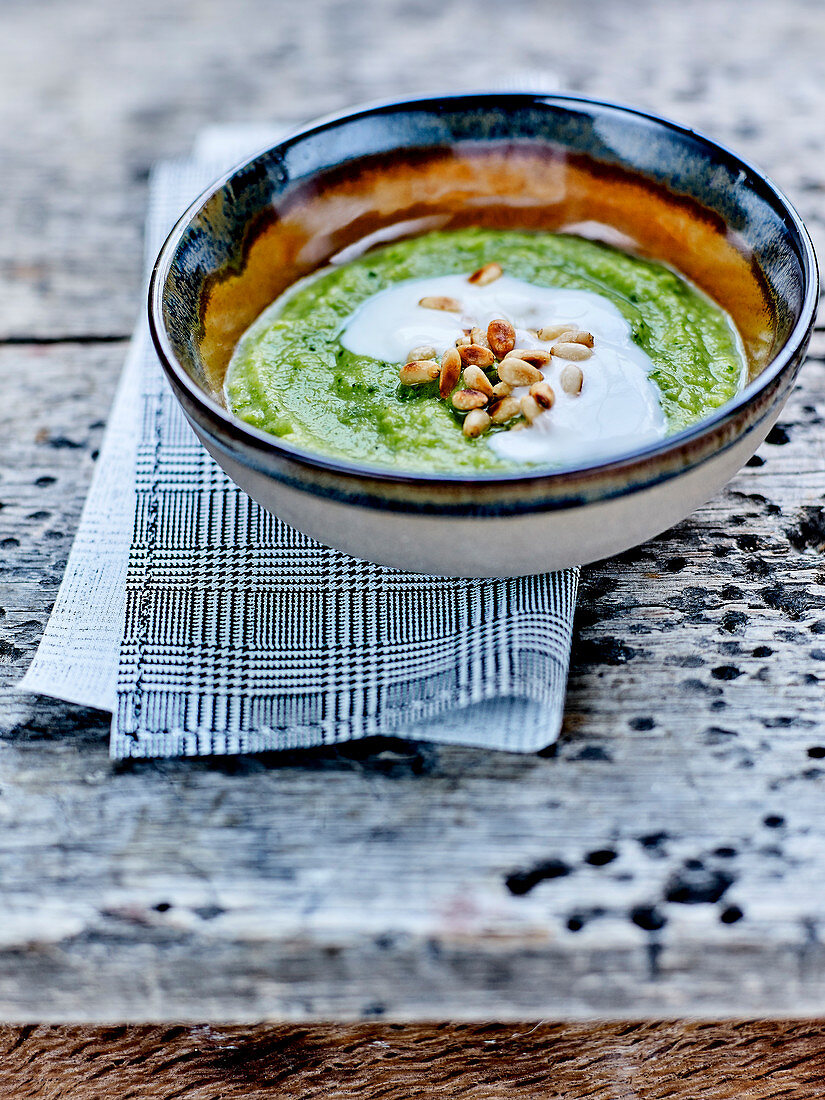 Broccoli,Avocado,Herb,Fermented Milk Soup With Grilled Pine Nuts