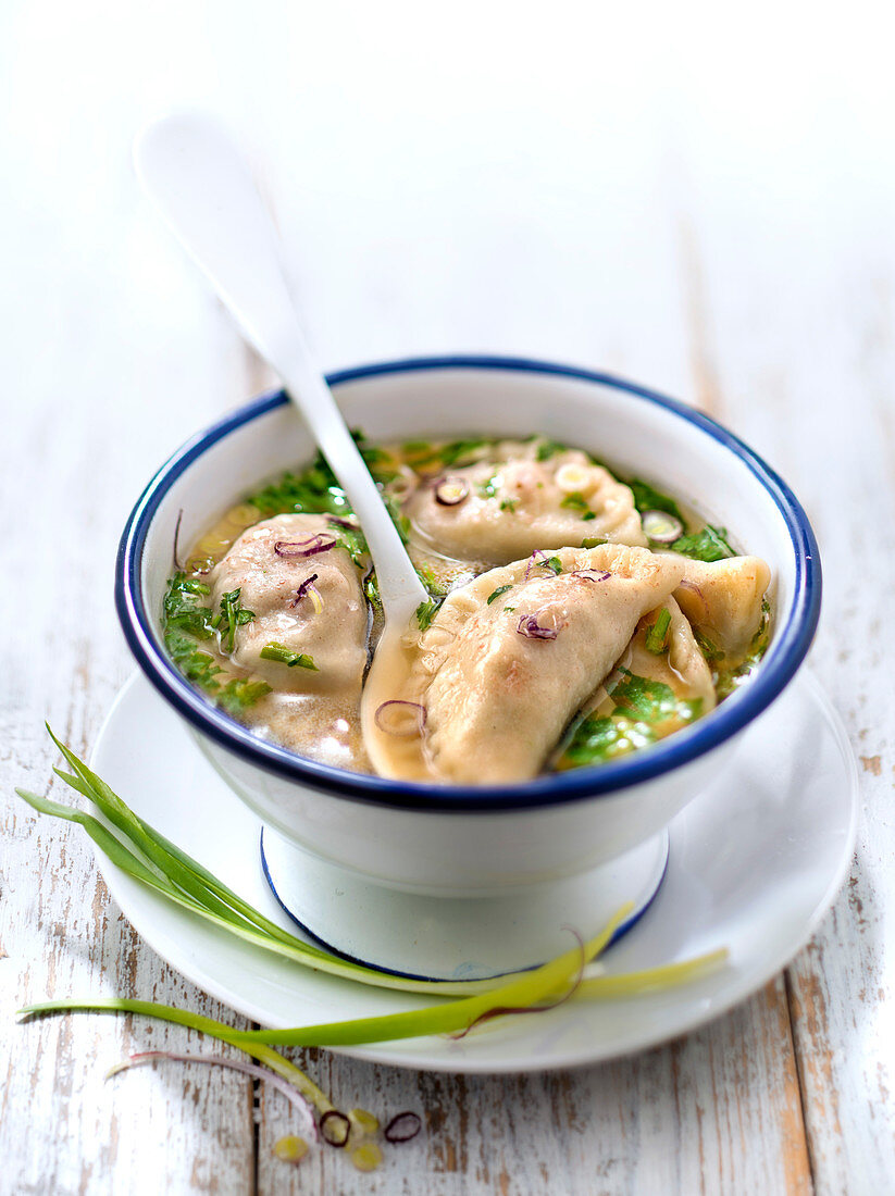 Pork and red onion Pelmeni with vegetable broth