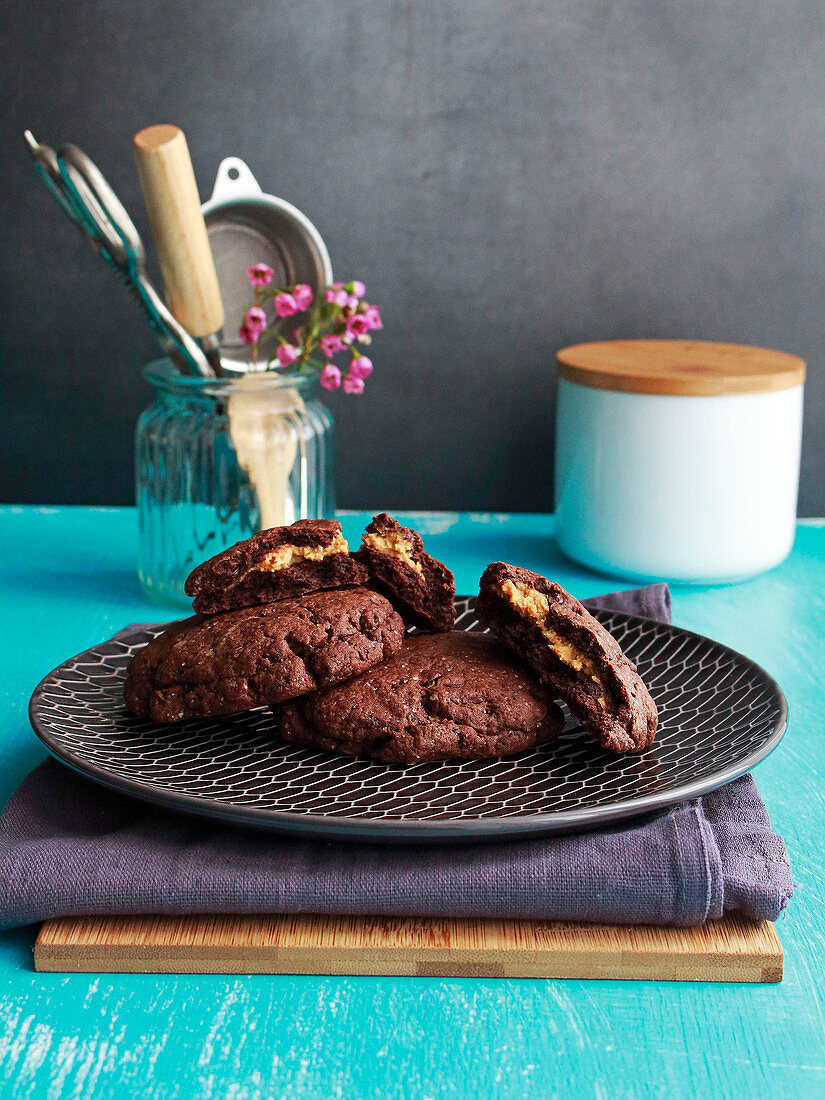 All-chocolate cookies with crunchy peanut butter center