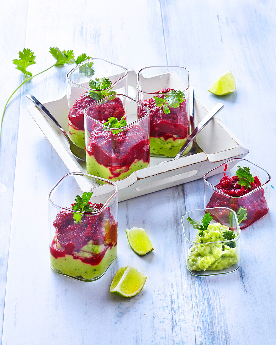 Lactose-free and butter-free avocado and beet verrine